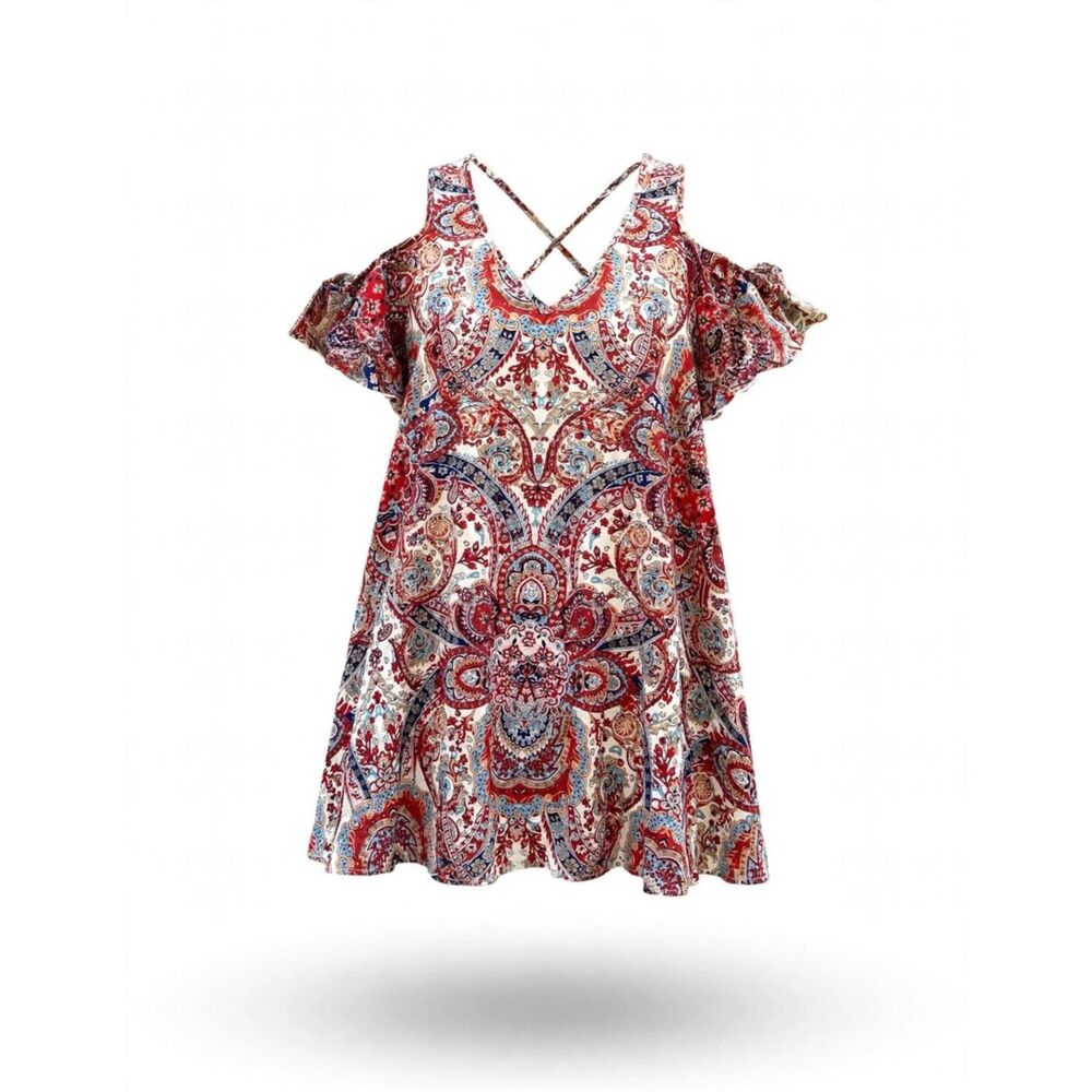 SHEIN Red Paisley Cold-Shoulder Mini Dress 1XL